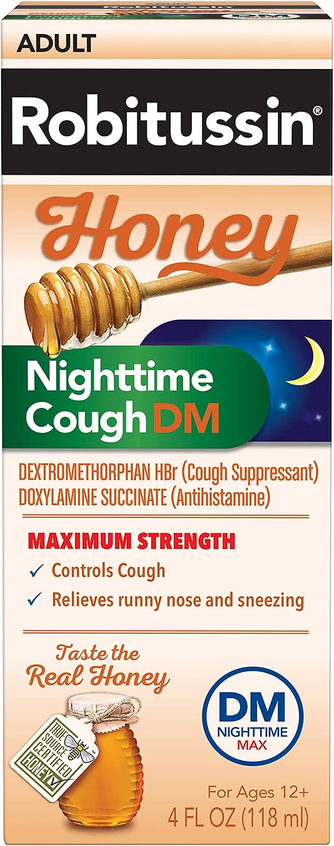 Robitussin Máxima Fuerza Miel Tos Nocturna DM, Medicina para la Tos para Adultos Hecho con Miel Real para Sabor - Botella de 4 Fl Oz