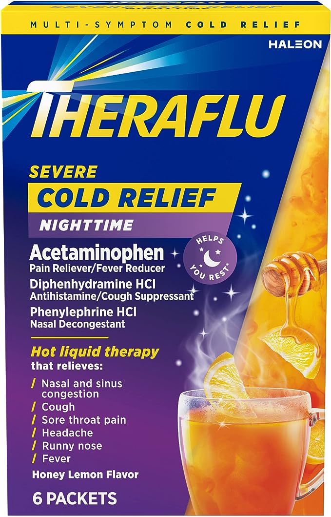Theraflu Nighttime Alivio severo del resfriado en polvo con sabor a miel y limón - 6 unidades