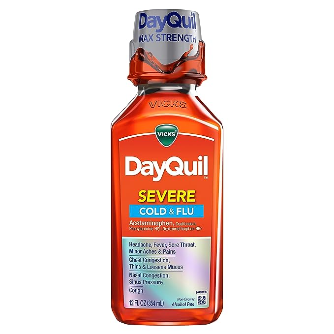 Vicks DayQuil SEVERE Tos, resfriado y gripe, sabor a bayas, 12 onzas líquidas (sin somnolencia) - Alivio del dolor de garganta, fiebre y congestión
