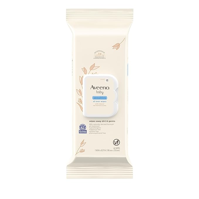Aveeno Baby Sensitive All Over Wipes with Aloe & Natural Oat Extract for Face, Bottom, Hands & Body, pH-Balanced, Hypoallergenic, Fragrance-, Phenoxyethanol- & Alcohol-Free, 64 ct