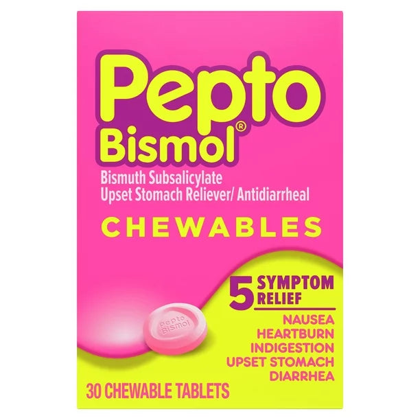Pepto Bismol Chewable Tablets for Upset Stomach & Diarrhea Relief, Over-the-Counter Medicine, Original Flavor 30 Ct