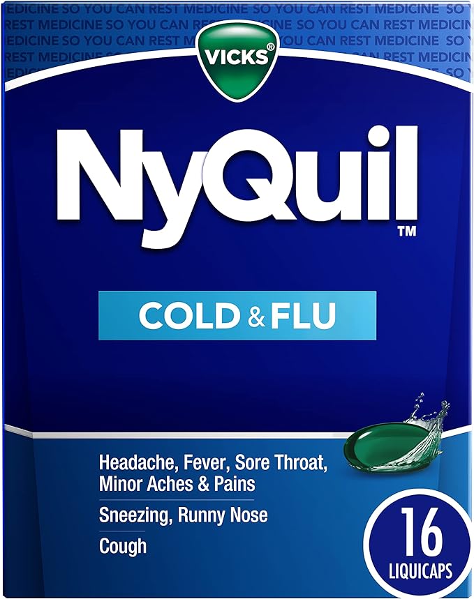 Vicks Nyquil Cápsulas líquidas para aliviar el resfriado y la gripe durante la noche, 16 unidades