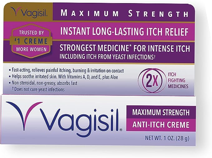 Vagisil Maximum Strength Feminine Anti-Itch Cream with Benzocaine for Women, Helps Relieve Yeast Infection Irritation, Gynecologist Tested, Fast-acting, Soothes and Cools Skin, 1 oz