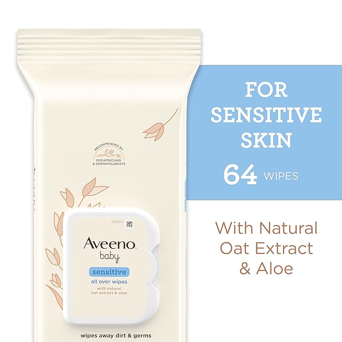 Aveeno Baby Sensitive All Over Wipes with Aloe & Natural Oat Extract for Face, Bottom, Hands & Body, pH-Balanced, Hypoallergenic, Fragrance-, Phenoxyethanol- & Alcohol-Free, 64 ct