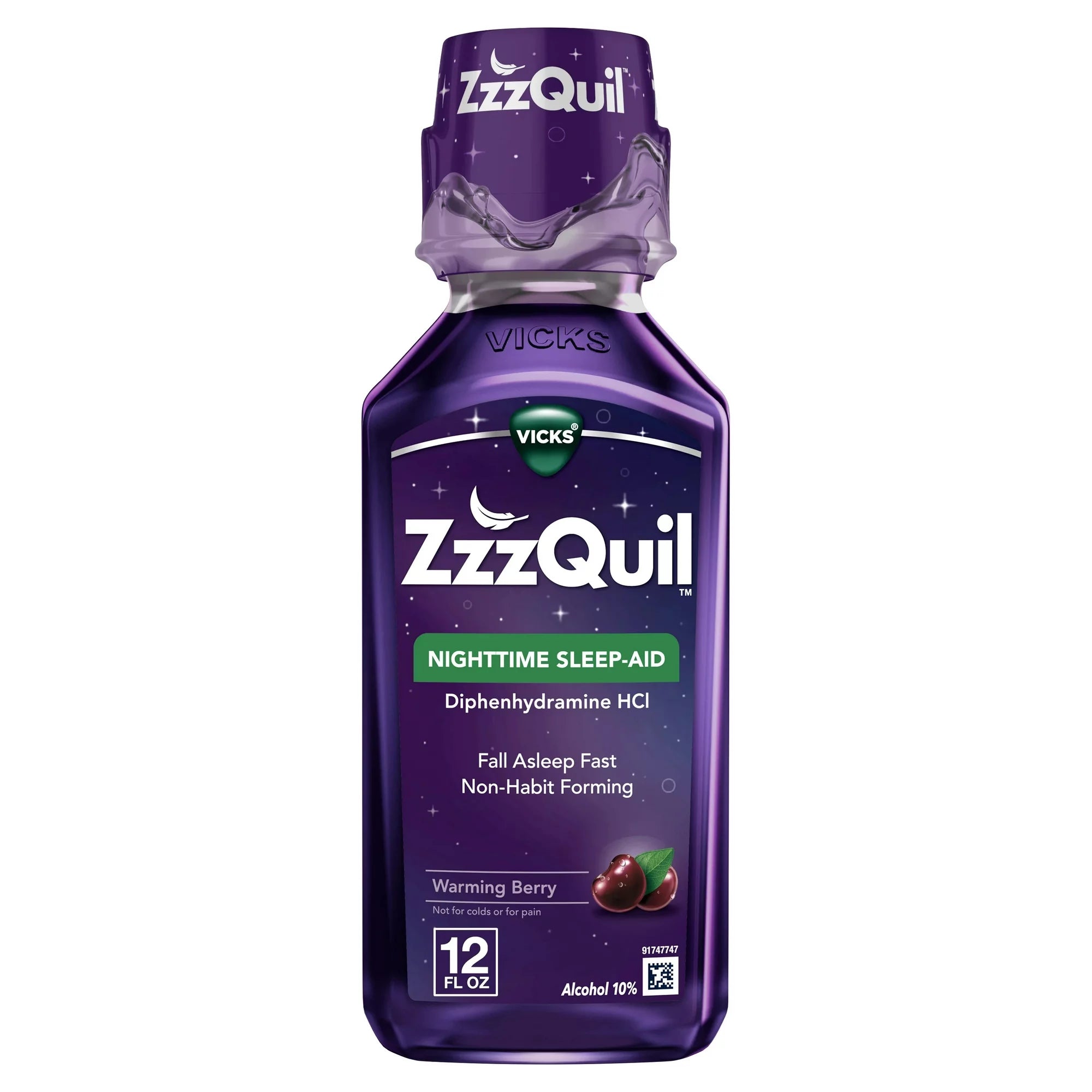 Vicks ZzzQuil Líquido de ayuda para dormir durante la noche, sabor a bayas cálidas, apoyo para dormir, medicamento de venta libre 12 fl oz