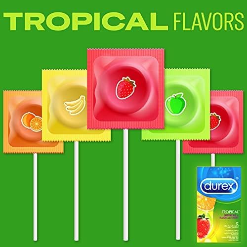Paquete de condones tropicales Durex con un elegante estuche de bolsillo de latón, sabrosos condones con sabor a fruta, 12 unidades