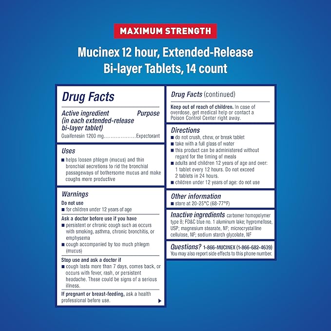 Congestión del pecho, Mucinex Maximum Strength Tabletas de liberación de 12 horas, 14 unidades, 1200 mg Guaifenesina con alivio prolongado de la congestión del pecho causada por el exceso de moco, adelgaza y afloja el moco