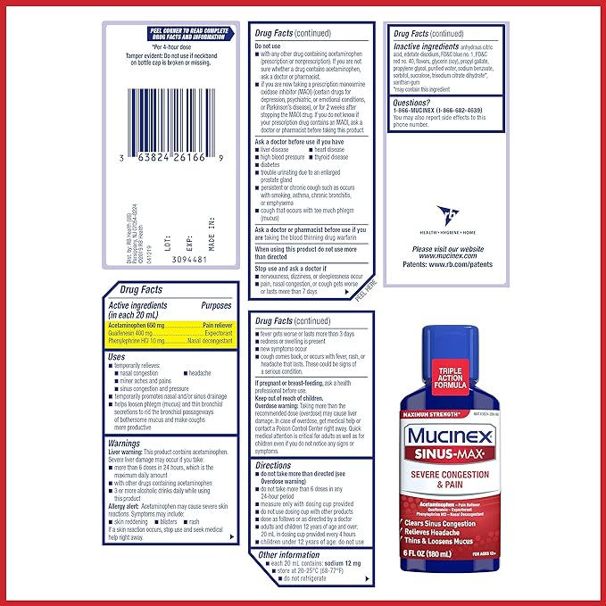 Mucinex Sinus-Max Max Strength, 6oz limpia la congestión nasal y sinusal, alivia el dolor de cabeza y la fiebre, adelgaza y afloja la mucosidad