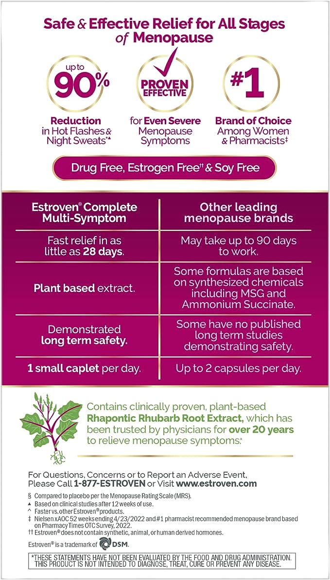 Estroven Complete Multi-Symptom Menopause Supplement for Women, 28 Ct., Clinically Proven Ingredient Provide Menopause Relief & Night Sweats & Hot Flash Relief, Drug-Free & Non-GMO