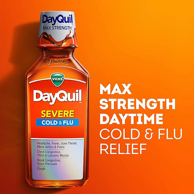 Vicks DayQuil SEVERE Tos, resfriado y gripe, sabor a bayas, 12 onzas líquidas (sin somnolencia) - Alivio del dolor de garganta, fiebre y congestión