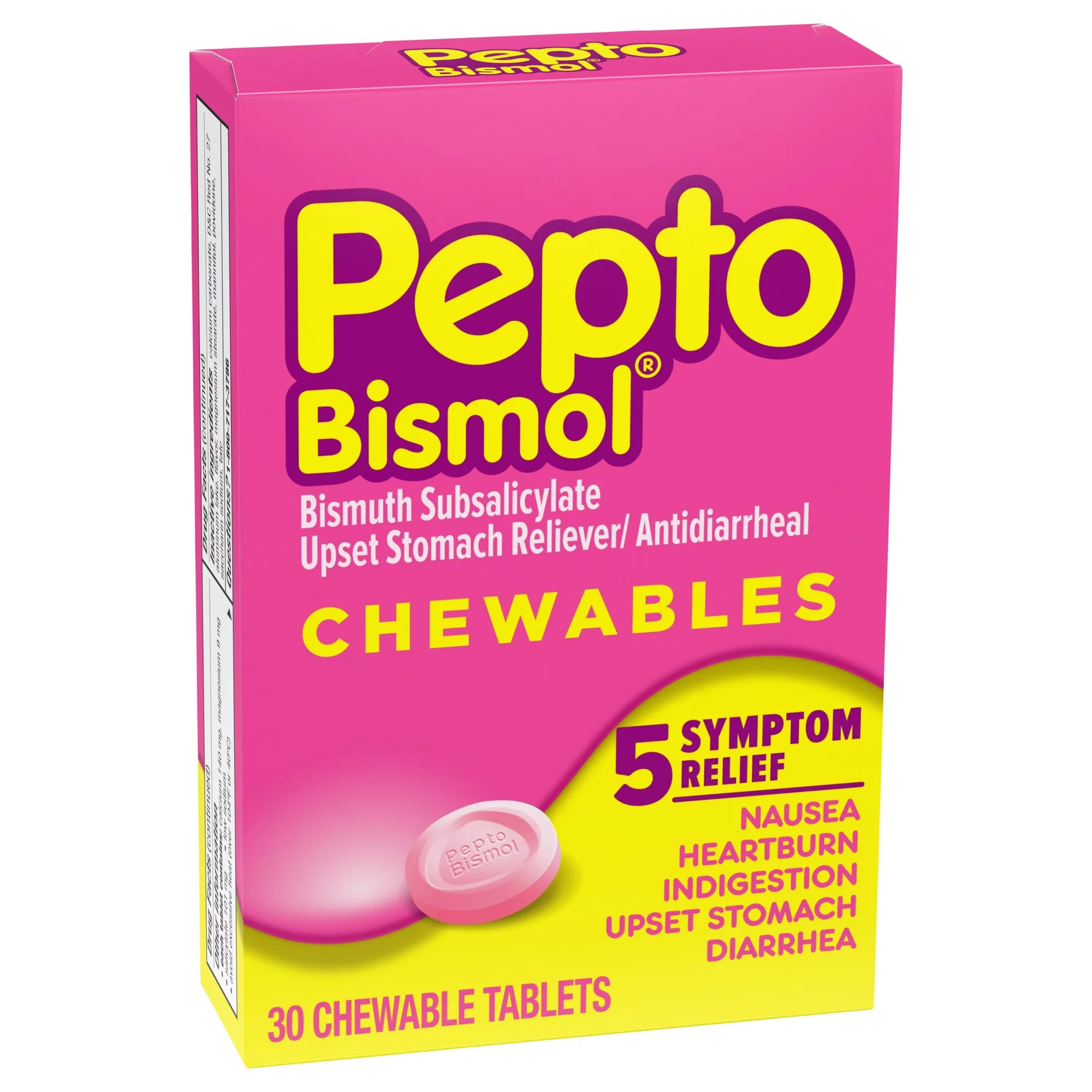 Pepto Bismol Chewable Tablets for Upset Stomach & Diarrhea Relief, Over-the-Counter Medicine, Original Flavor 30 Ct