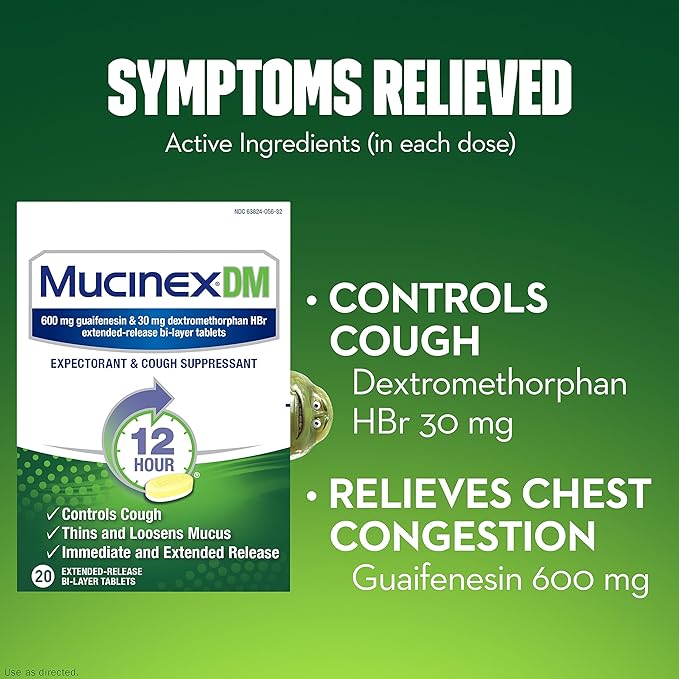 Supresor y expectorante de la tos, tabletas de alivio Mucinex DM de 12 horas, 20 unidades, 600 mg de guaifenesina, 30 mg de dextrometorfano HBr, controla la tos y adelgaza y afloja la mucosidad que causa tos y congestión en el pecho