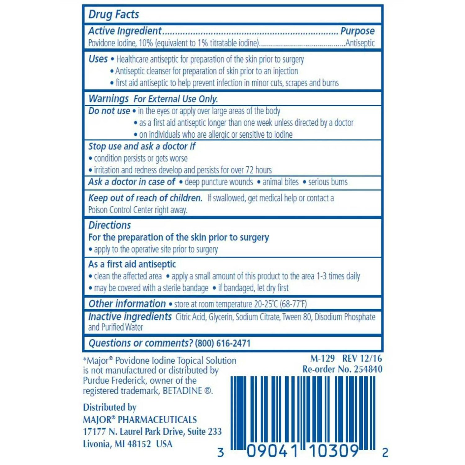 Solución antiséptica tópica de povidona yodada Major, 8 oz