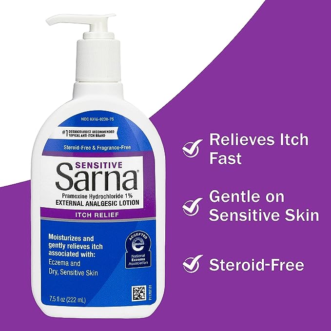 Sarna Sensitive Loción antipicazón sin esteroides para piel seca irritada, sin fragancia - 7.5 onzas líquidas