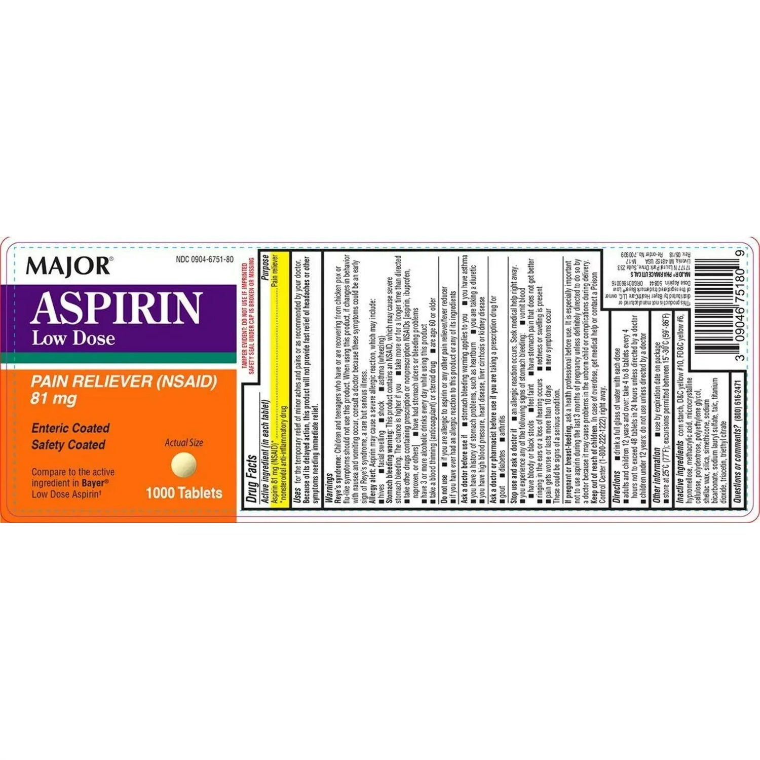Major Aspirina Analgésico Dosis Baja 81mg 1000 Comprimidos
