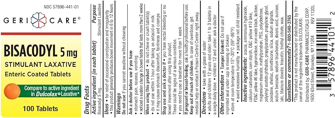 Gericare Pharmaceuticals Bisacodyl 5 mg, laxitudes estimulantes, tabletas con recubrimiento entérico