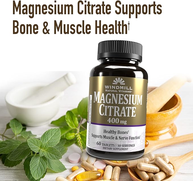 Windmill Natural Vitamins Magnesium Citrate 400 mg, Immune Support, Supports Muscle Recovery, Supports Healthy Heart, 60 Count, 30 Servings