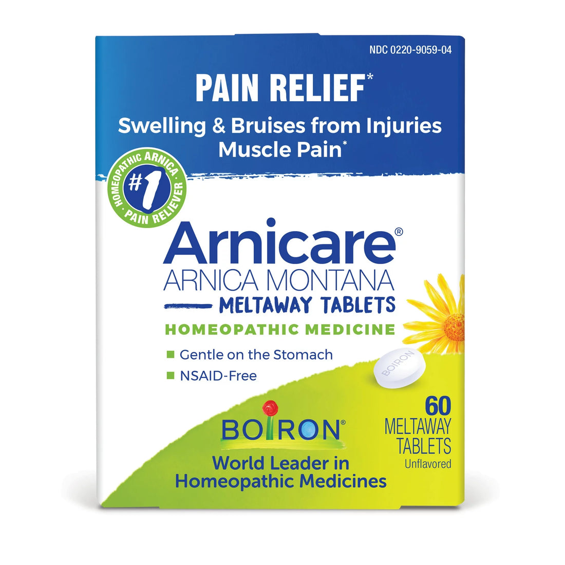 Boiron Arnicare Tablets, Homeopathic Medicine for Pain Relief, Swelling &amp; Bruises from Injuries, Muscle Pain, 60 Meltaway Tablets