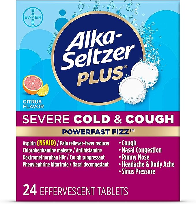 ALKA-SELTZER PLUS Medicina severa, resfriado y tos para adultos, tabletas efervescentes PowerFast Fizz Citrus, alivio rápido del dolor de cabeza, dolor de garganta, tos, congestión nasal y sinusal, 24 unidades 