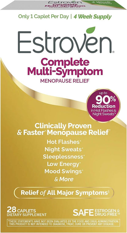 Estroven Suplemento completo de menopausia para múltiples síntomas para mujeres, 28 unidades, ingrediente clínicamente probado que proporciona alivio de la menopausia, sudores nocturnos y sofocos, sin medicamentos y sin OGM 