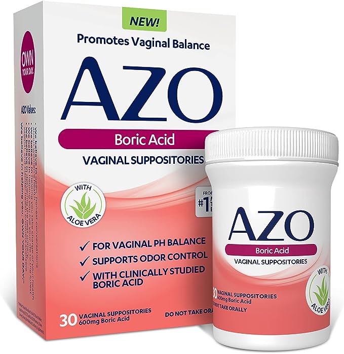 AZO Boric Acid Vaginal Suppositories, Helps Support Odor Control and Balance Vaginal PH with Clinically Studied Boric Acid, Non-GMO, 30 Count
