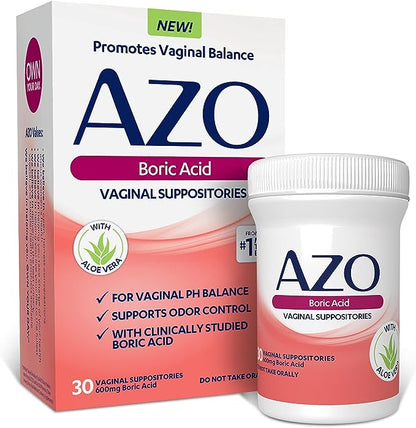 Supositorios vaginales de ácido bórico AZO, ayudan a controlar el olor y equilibrar el PH vaginal con ácido bórico clínicamente estudiado, sin OGM, 30 unidades 