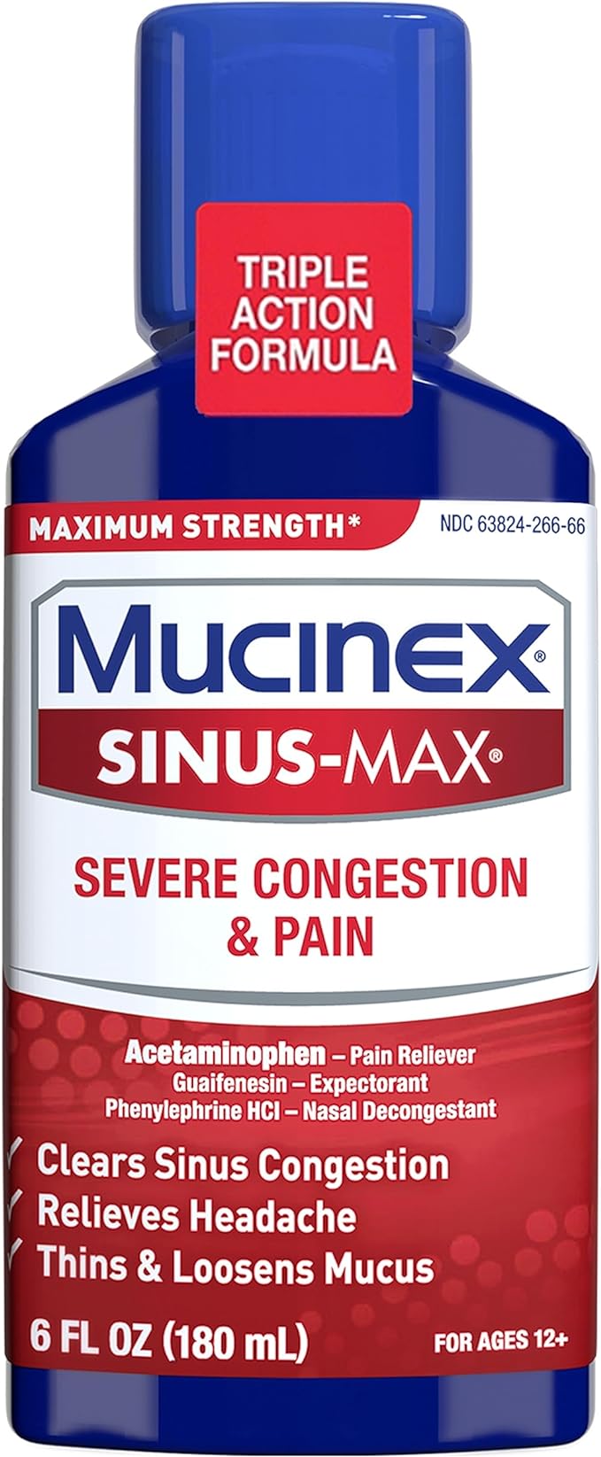 Mucinex Sinus-Max Max Strength, 6oz limpia la congestión nasal y sinusal, alivia el dolor de cabeza y la fiebre, adelgaza y afloja la mucosidad 