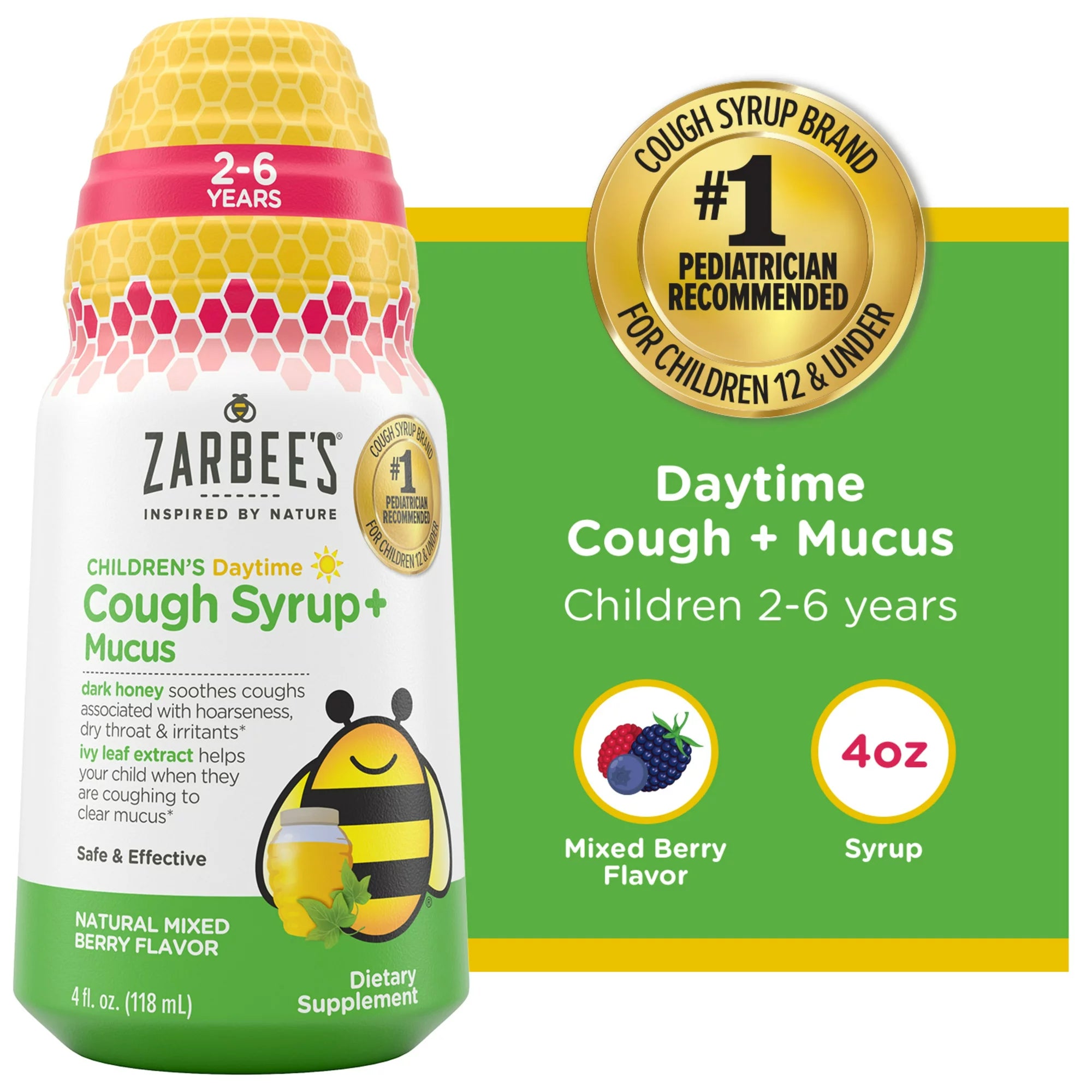 Zarbee’s Kids Cough + Mucus Daytime with Honey, Ivy Leaf, Zinc &amp; Elderberry, Mixed Berry, 4FL Oz