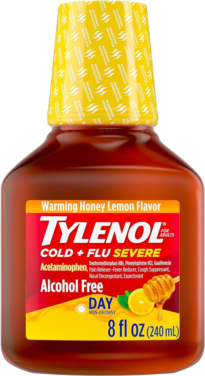 Tylenol Cold + Flu Medicina grave para el resfriado con acetaminofén, dextrometorfano HBr, guaifenesina, fenilefrina HCI, alivio líquido para el resfriado/fiebre y la congestión del pecho durante el día, miel y limón cálidos, 8 onzas líquidas. Onz 