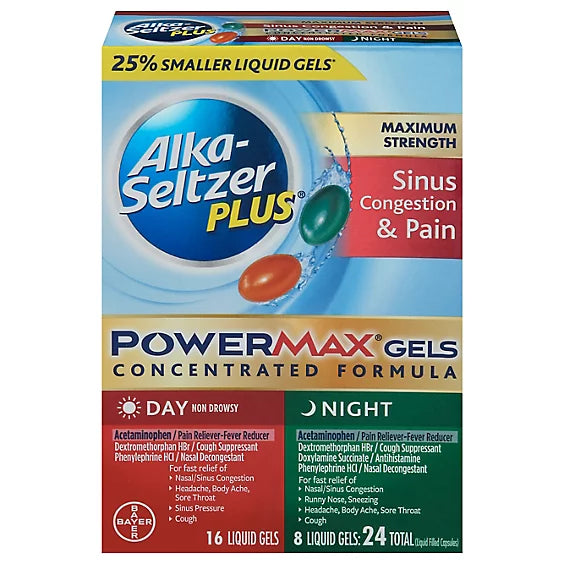 Alka-Seltzer Plus PowerMax Geles líquidos Sinus Cold &amp;amp; Tos día y noche - 24 unidades 