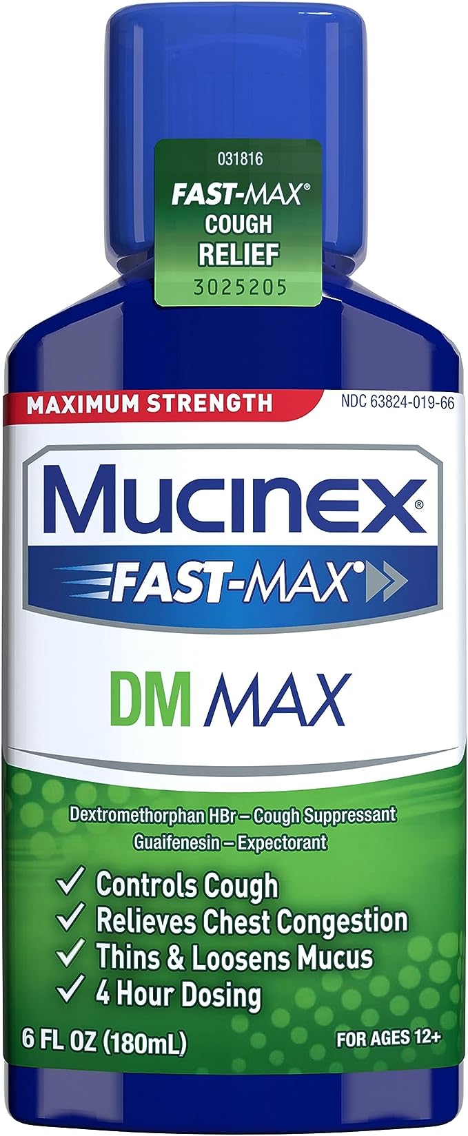 Mucinex Fast-Max DM Max Liquid, 6 fl. oz. Controls Cough, Relieves Chest Congestion, Thins &amp; Loosens Mucus(Packaging may vary)