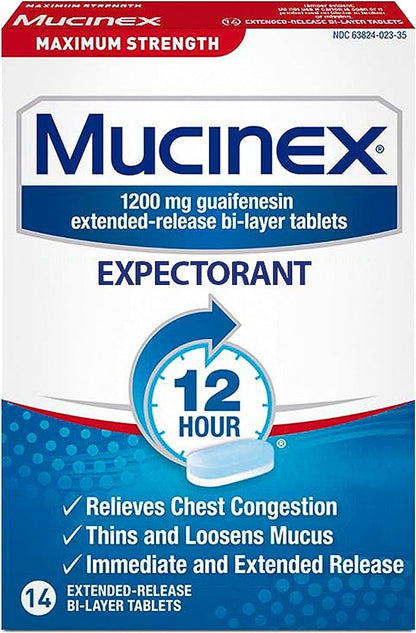 Congestión del pecho, Mucinex Maximum Strength Tabletas de liberación de 12 horas, 14 unidades, 1200 mg Guaifenesina con alivio prolongado de la congestión del pecho causada por el exceso de moco, adelgaza y afloja el moco 