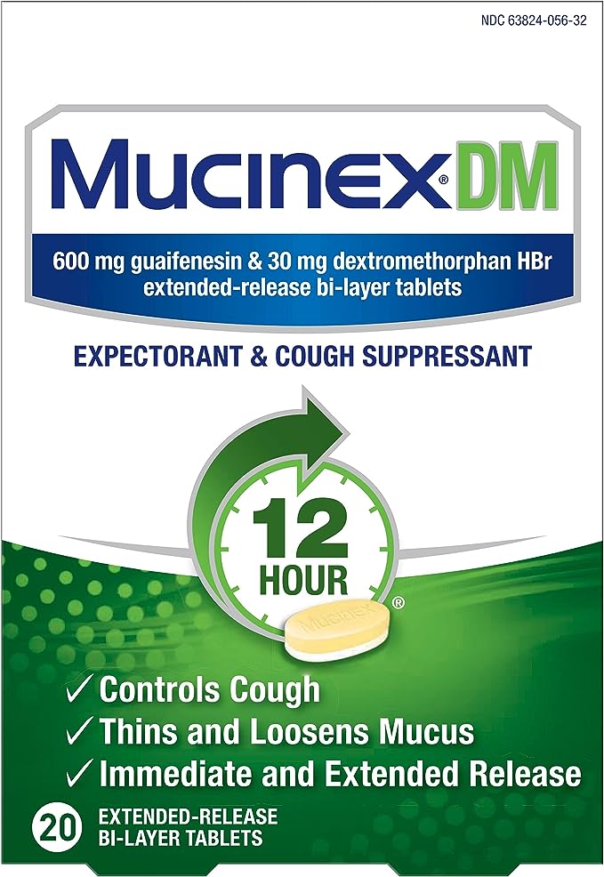 Supresor y expectorante de la tos, tabletas de alivio Mucinex DM de 12 horas, 20 unidades, 600 mg de guaifenesina, 30 mg de dextrometorfano HBr, controla la tos y adelgaza y afloja la mucosidad que causa tos y congestión en el pecho 