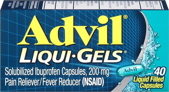 Advil Liqui-Gels Analgésico y reductor de fiebre, analgésico para adultos con ibuprofeno 200 mg para dolor de cabeza, dolor de espalda, dolor menstrual y alivio del dolor en las articulaciones - 40 cápsulas llenas de líquido 