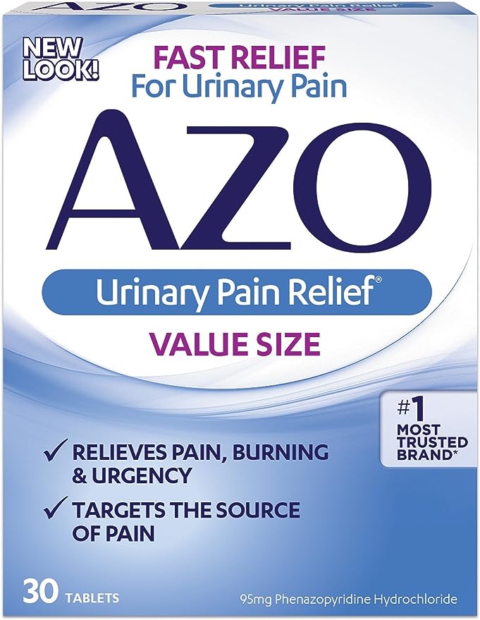 AZO Tamaño del valor del alivio del dolor urinario, con clorhidrato de fenazopiridina, alivio rápido, alivia el dolor, el ardor y la urgencia de las infecciones urinarias, se dirige a la fuente del dolor, marca n.º 1 más confiable, 30 tabletas 