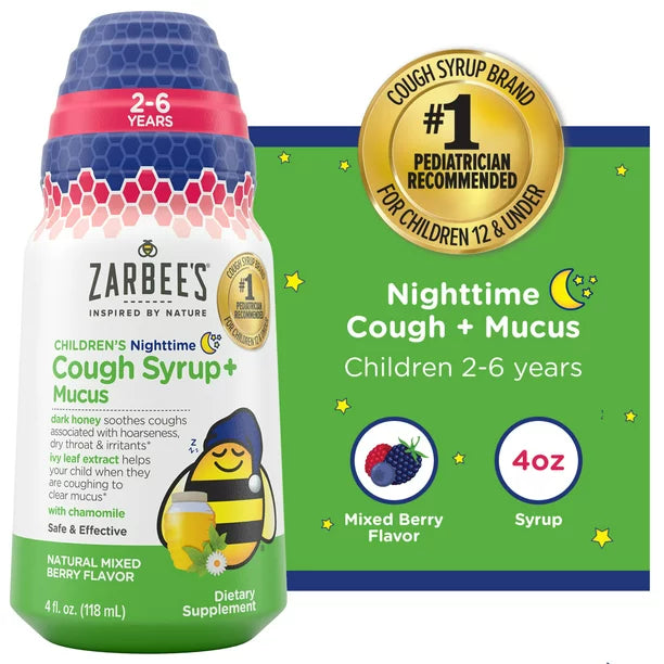 Zarbee’s Kids Cough + Mucus Nighttime with Honey, Ivy Leaf, Zinc &amp; Elderberry, Mixed Berry, 4FL Oz