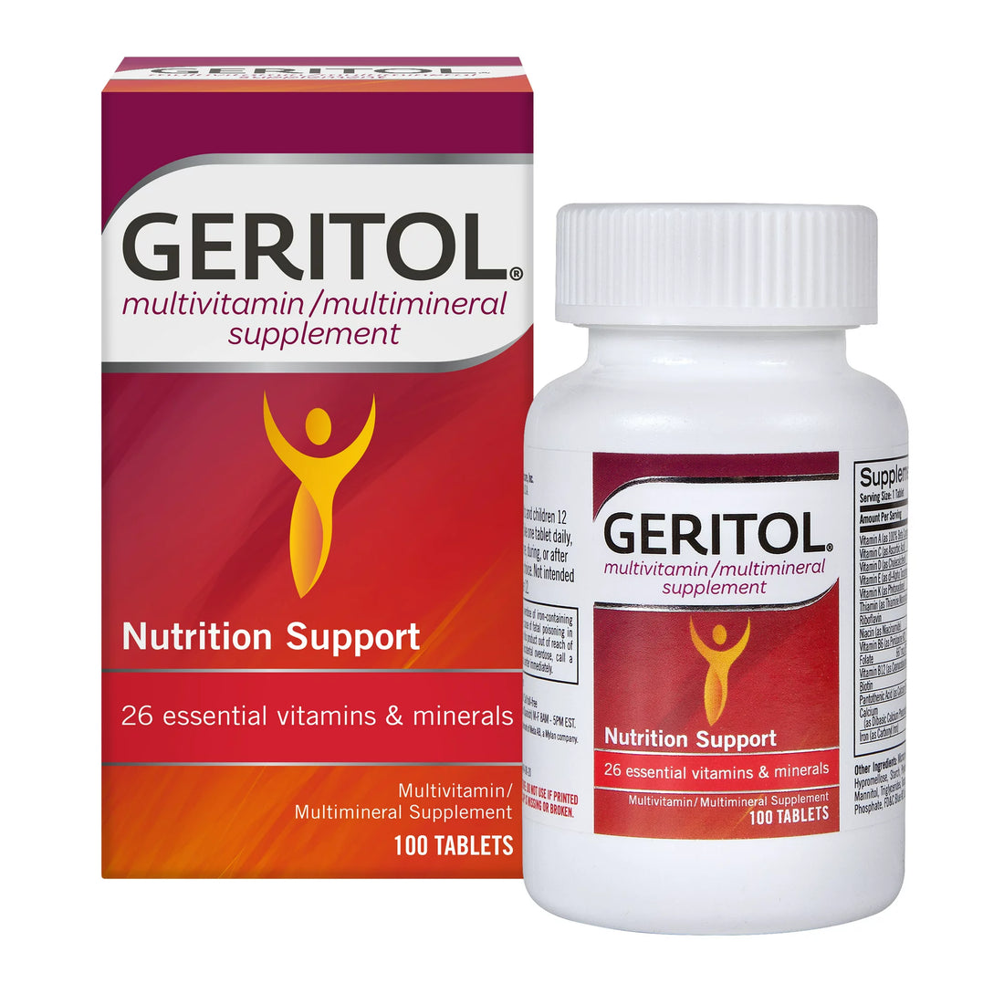 Geritol, suplemento multivitamínico, contiene vitaminas B, antioxidantes, vitaminas C, E y D y hierro, 26 vitaminas y minerales esenciales, sin gluten, sin OGM, sin edulcorantes artificiales, 100 tabletas 