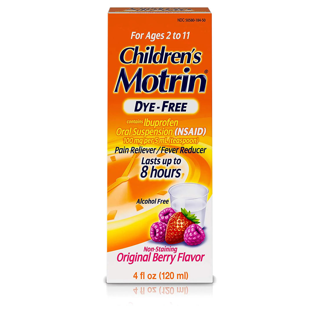 Motrin Suspensión oral para niños, 100 mg de ibuprofeno, medicamento para reducir la fiebre y analgésico para dolores menores debido al resfriado y la gripe, sin colorantes, sin alcohol, con sabor a bayas, 4 fl. onz 