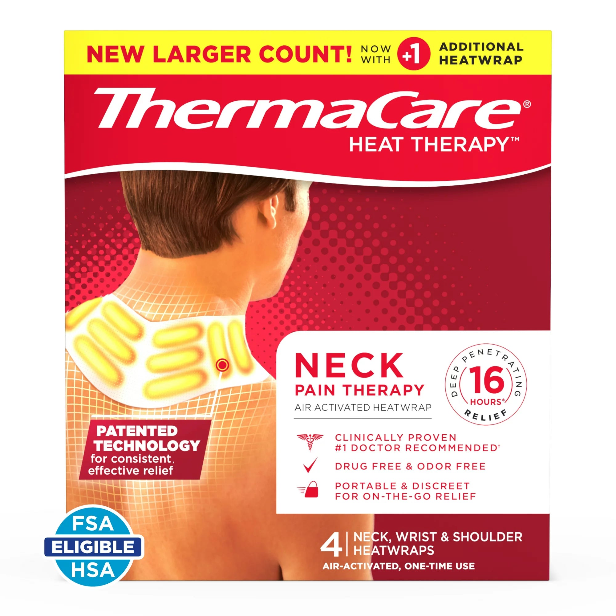 ThermaCare Terapia para el dolor de cuello, parches para aliviar el dolor de hombros y muñecas, envolturas térmicas, 4 unidades 