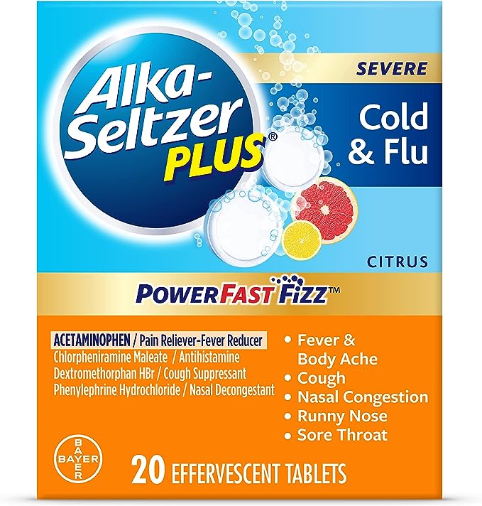 Alka-Seltzer Plus Tabletas efervescentes para resfriado y gripe severos sin somnolencia PowerFast Fizz Citrus 20 unidades (paquete de 1) 