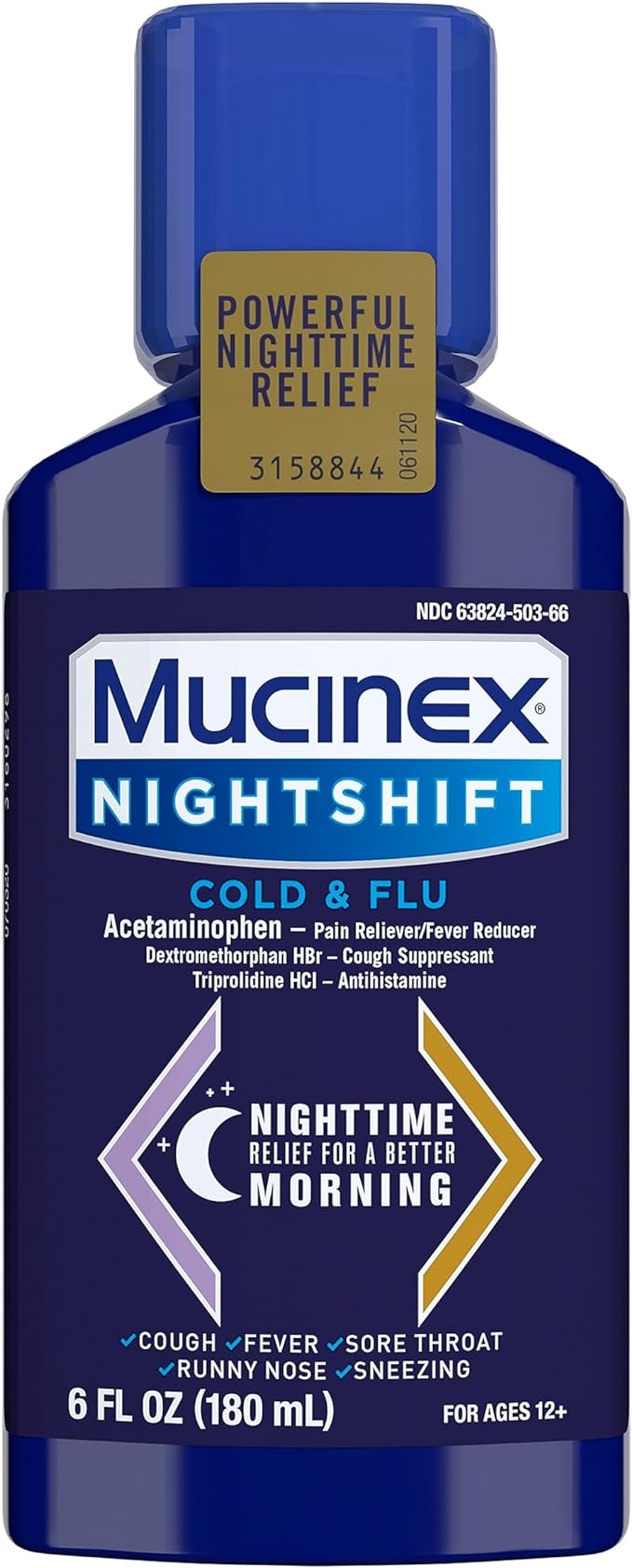 Mucinex Nightshift Líquido para resfriado y gripe que alivia la fiebre, estornudos, dolor de garganta, secreción nasal y tos, 6 onzas líquidas (paquete de 1)