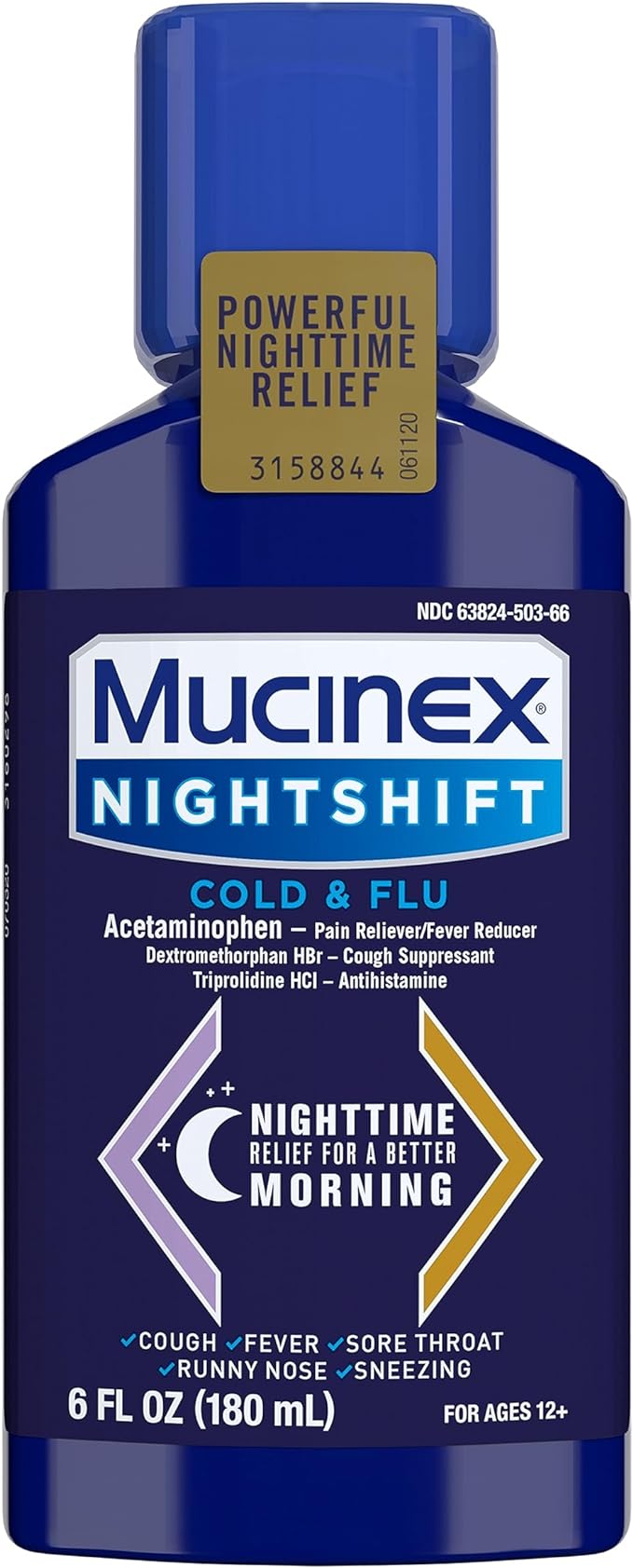 Mucinex Nightshift Líquido para resfriado y gripe que alivia la fiebre, estornudos, dolor de garganta, secreción nasal y tos, 6 onzas líquidas (paquete de 1) 