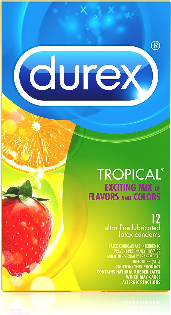 Paquete de condones tropicales Durex con un elegante estuche de bolsillo de latón, sabrosos condones con sabor a fruta, 12 unidades 