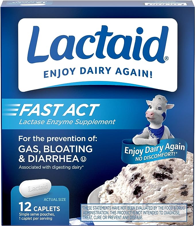 Lactaid Fast Act Lactose Intolerance Relief Caplets with Lactase Enzyme, 12 Travel Packs of 1-ct.