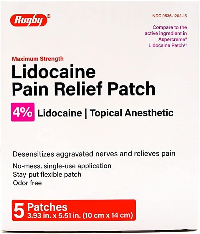 Rugby Maximum Strength Topical Anesthetic 4% Lidocaine Pain Relief Patch - 5 Patches