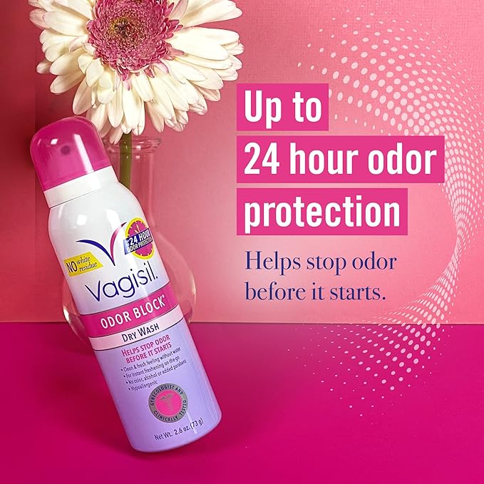 Vagisil Odor Block Dry Wash Spray for Feminine Hygiene, Gynecologist Tested, Hypoallergenic, 2.6 Ounces