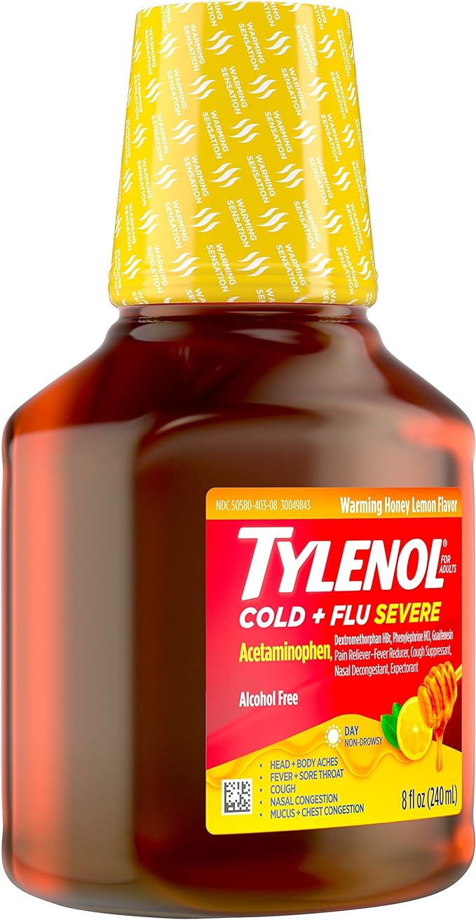 Tylenol Cold + Flu Medicina grave para el resfriado con acetaminofén, dextrometorfano HBr, guaifenesina, fenilefrina HCI, alivio líquido para el resfriado/fiebre y la congestión del pecho durante el día, miel y limón cálidos, 8 onzas líquidas. Onz 