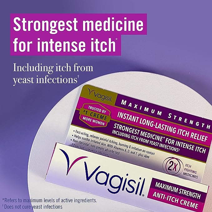 Vagisil Maximum Strength Feminine Anti-Itch Cream with Benzocaine for Women, Helps Relieve Yeast Infection Irritation, Gynecologist Tested, Fast-acting, Soothes and Cools Skin, 1 oz