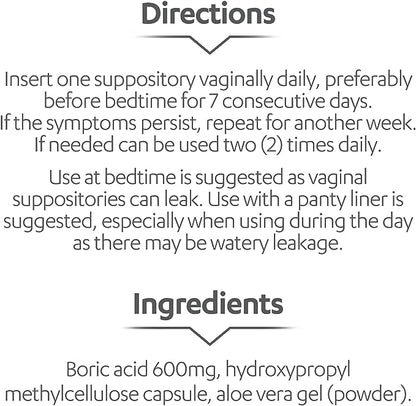 Supositorios vaginales de ácido bórico AZO, ayudan a controlar el olor y equilibrar el PH vaginal con ácido bórico clínicamente estudiado, sin OGM, 30 unidades 