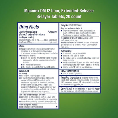 Supresor y expectorante de la tos, tabletas de alivio Mucinex DM de 12 horas, 20 unidades, 600 mg de guaifenesina, 30 mg de dextrometorfano HBr, controla la tos y adelgaza y afloja la mucosidad que causa tos y congestión en el pecho 